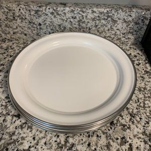 Set of eight POTTERY BARN enamelware plates white with silver rim